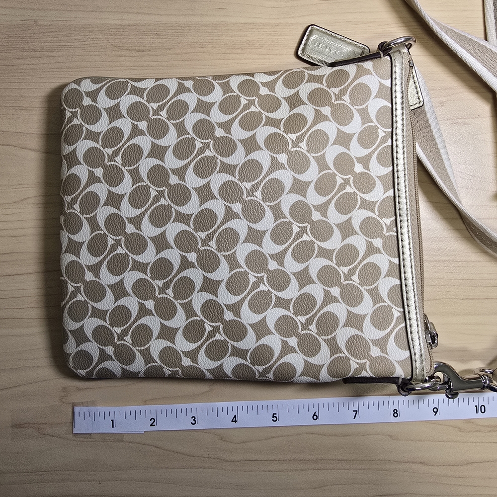 COACH Khaki and Gold Swingpack Crossbody Bag Coated Canvas Signature Stripe - Picture 6 of 16